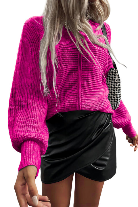 Suéter con mangas de murciélago y punto de canalé rosa 