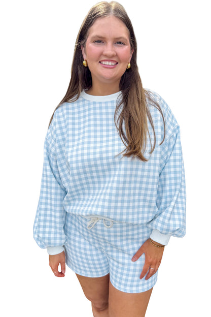 Sky Blue Gingham Loose Pullover Top Drawstring Shorts Plus Size Set