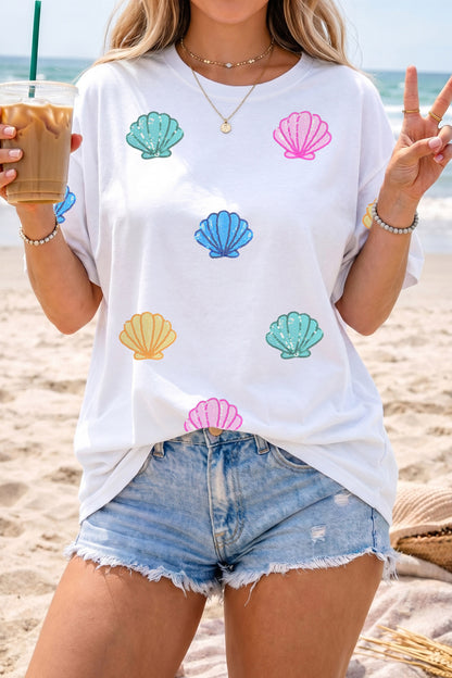White Sequin Shell Graphic Summer Loose T Shirt