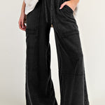 Black Mineral Wash Exposed Seam Drawstring High Waist Wide Leg Cargo Pants