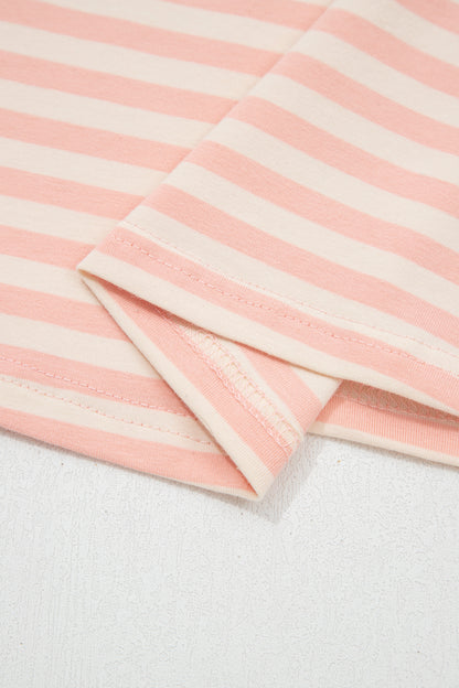 Pink Stripe Contrast Neck Loose Tee and Drawstring Shorts Set