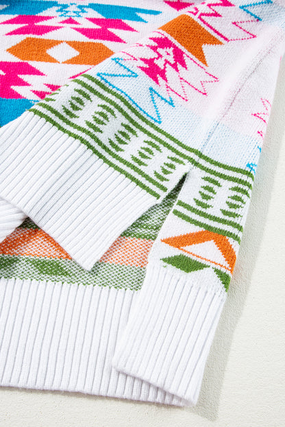 Pull blanc oversize à col en V et imprimé aztèque