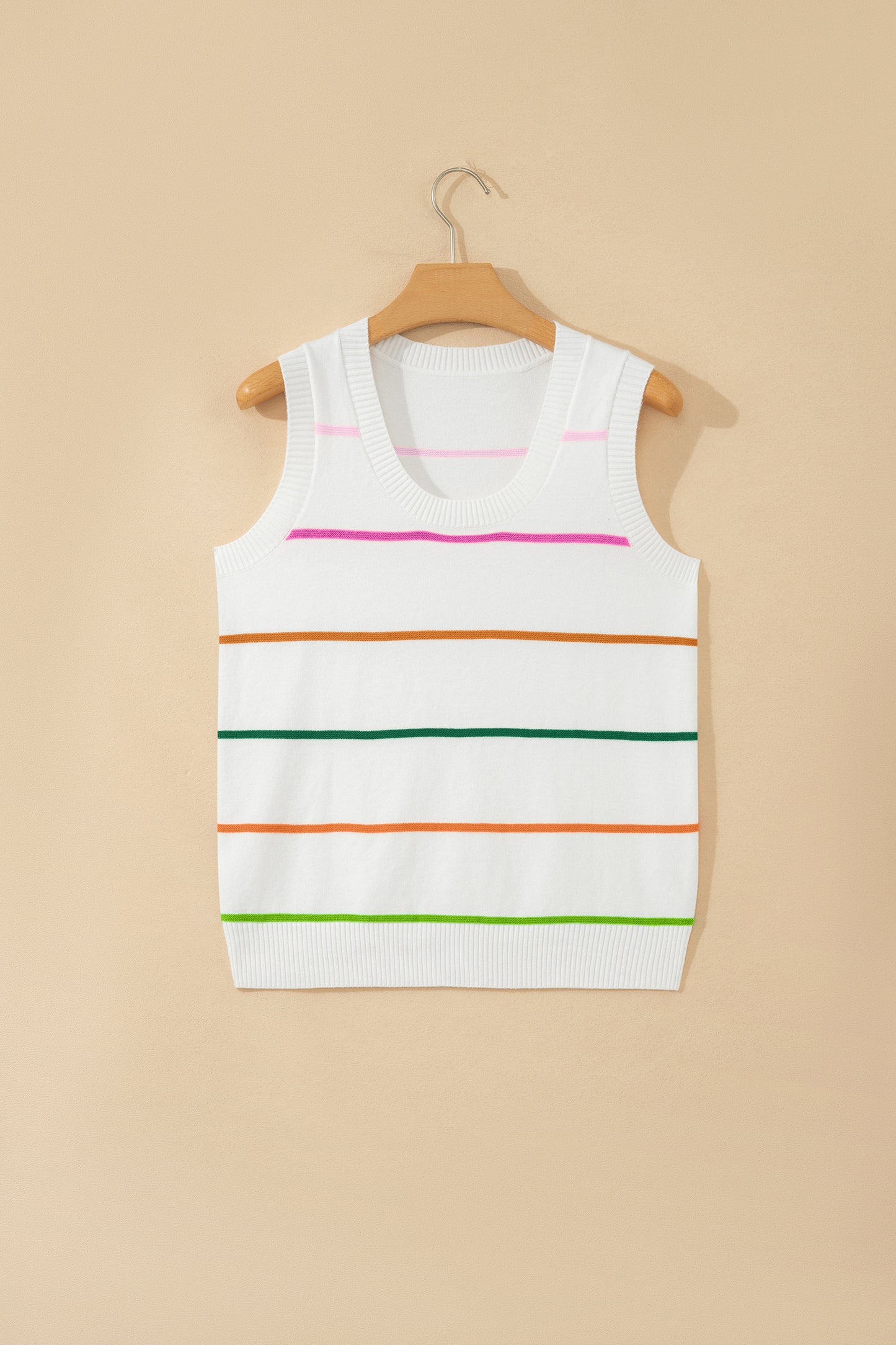 White Stripe Round Neck Knitted Sweater Tank