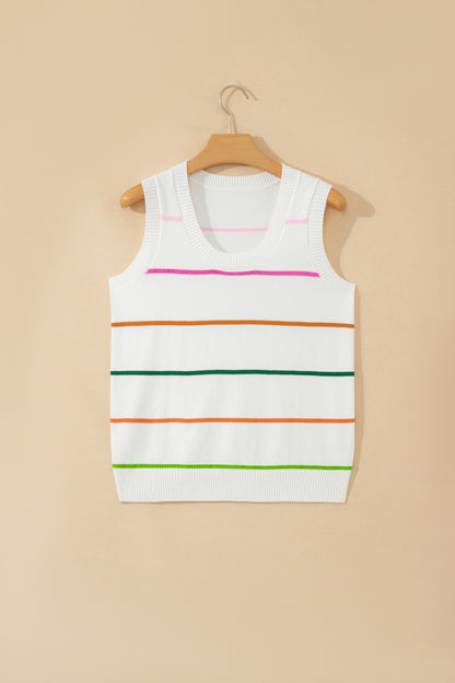 White Stripe Round Neck Knitted Sweater Tank