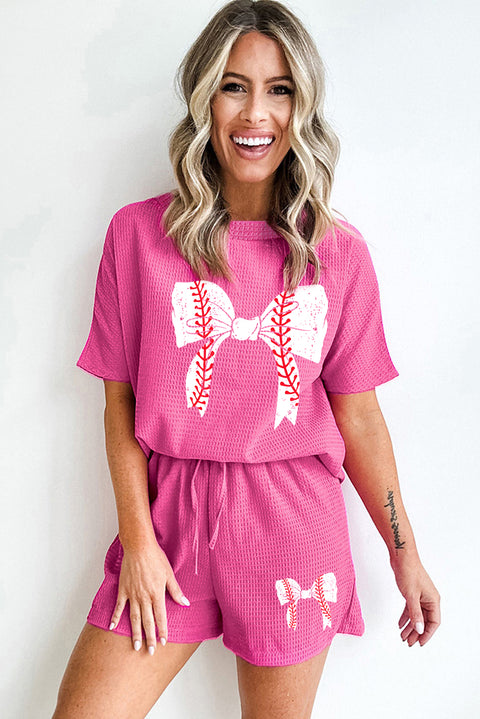 Rose Red Textured Baseball Bowknot Graphic Tee and Shorts Set