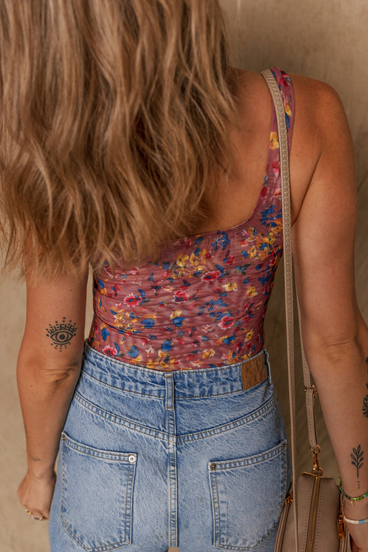 Purple Floral Printed Mesh U Neck Sleeveless Bodysuit