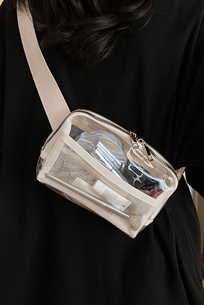 Sac banane transparent à bretelles réglables et fermeture éclair blanc brillant 