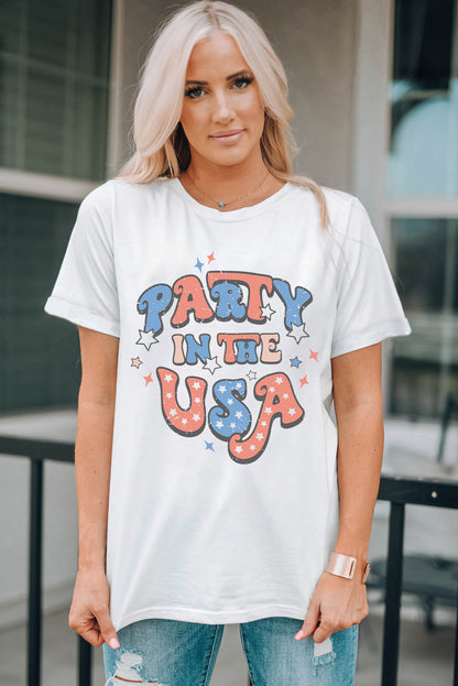 T-shirt graphique blanc à la mode avec drapeau américain PARTY IN THE USA