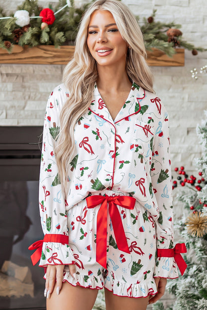 White Christmas Print Ruffle Cuff Long Sleeve Lounge Set
