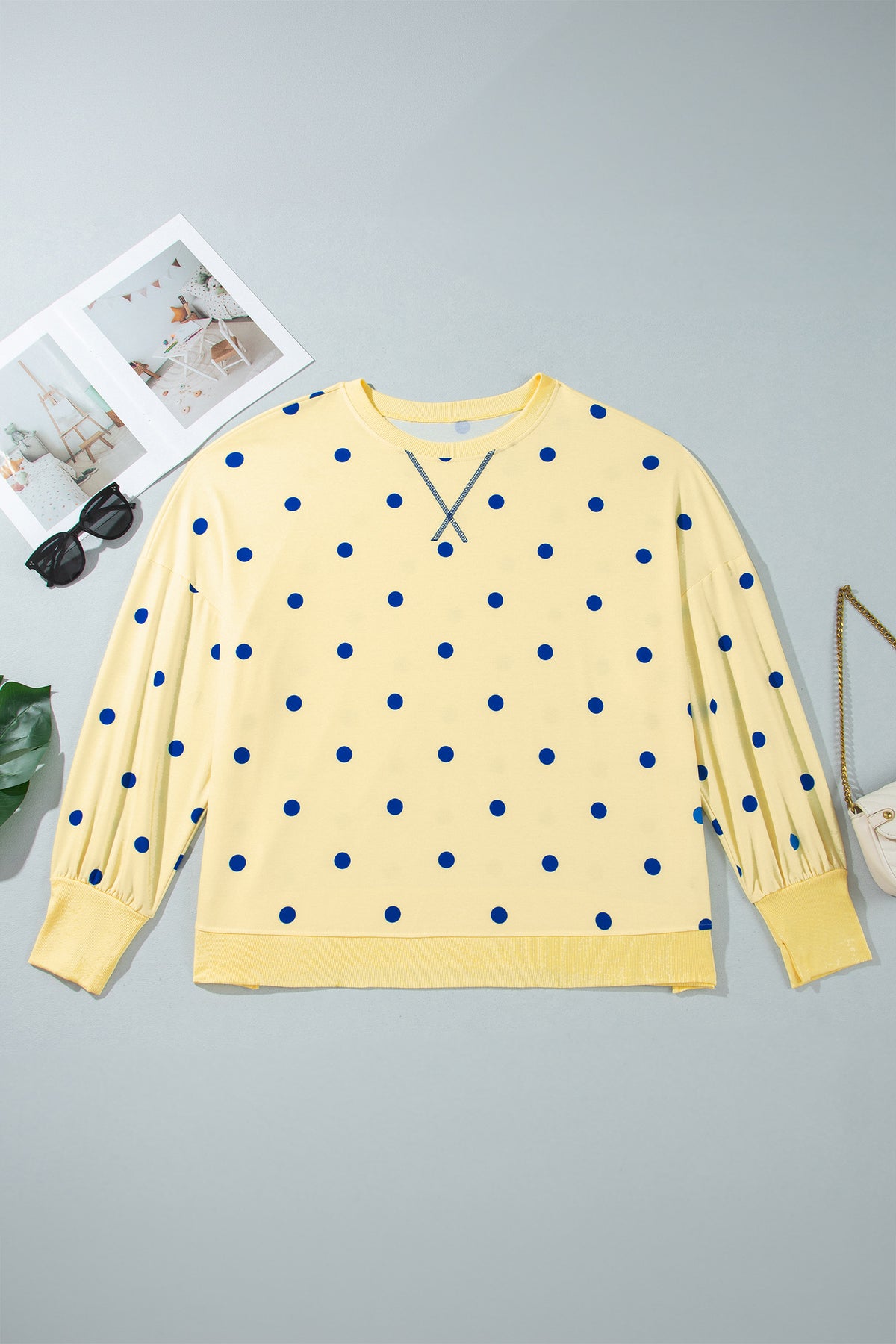 Yellow Round Neck Long Sleeve Polka Dot Plus Size Top