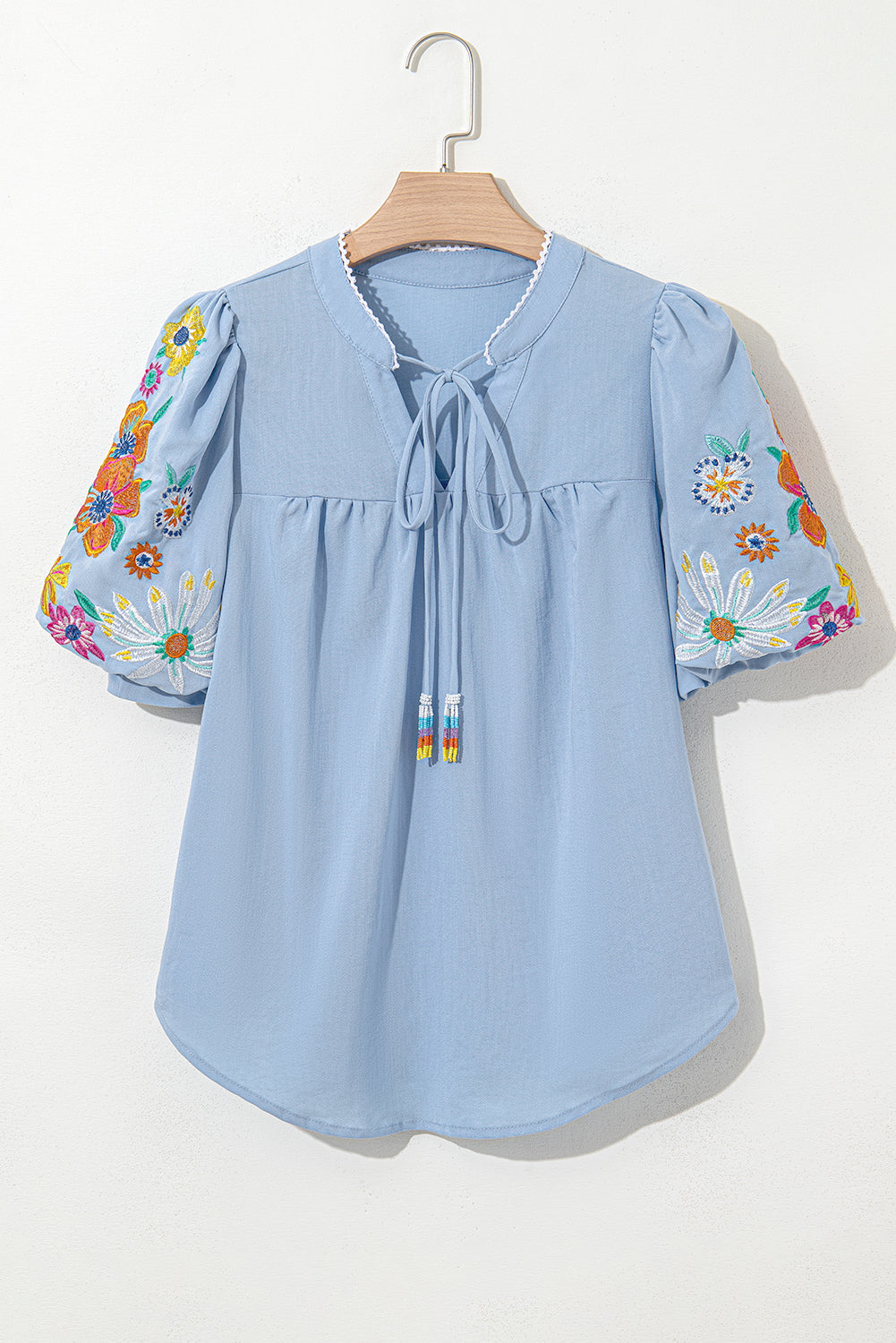 Beau Blue Floral Embroidered Puff Sleeve Split Neck Blouse