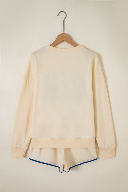 Beige Game Day Crewneck Long Sleeve Pullover Athleisure Short Sets