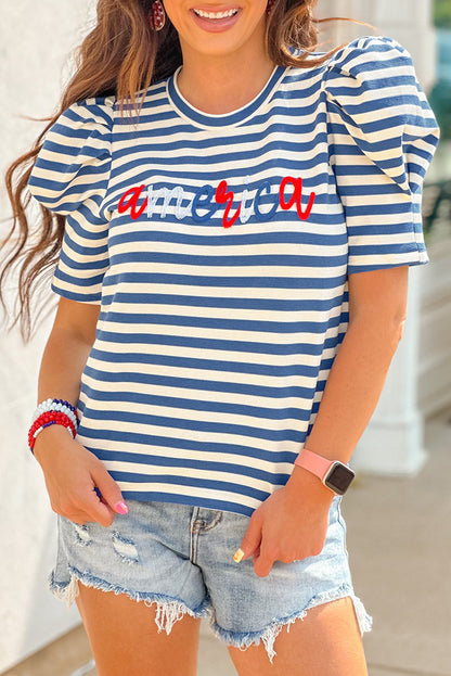 T-shirt à manches bouffantes et motif cursif Blue Stripe America