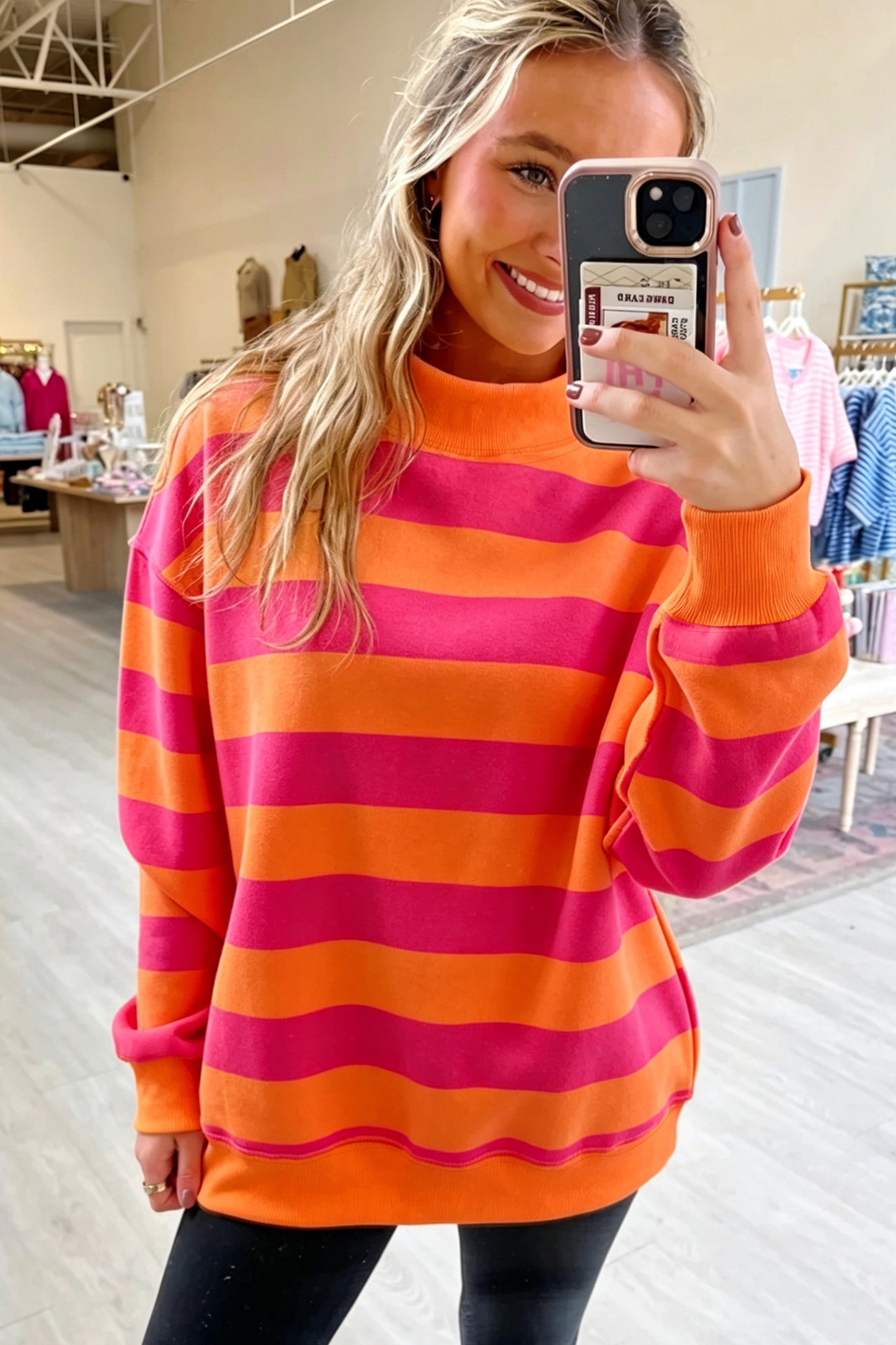Orange Stripe Colorblock Mock Neck Relaxed Sweatshirt