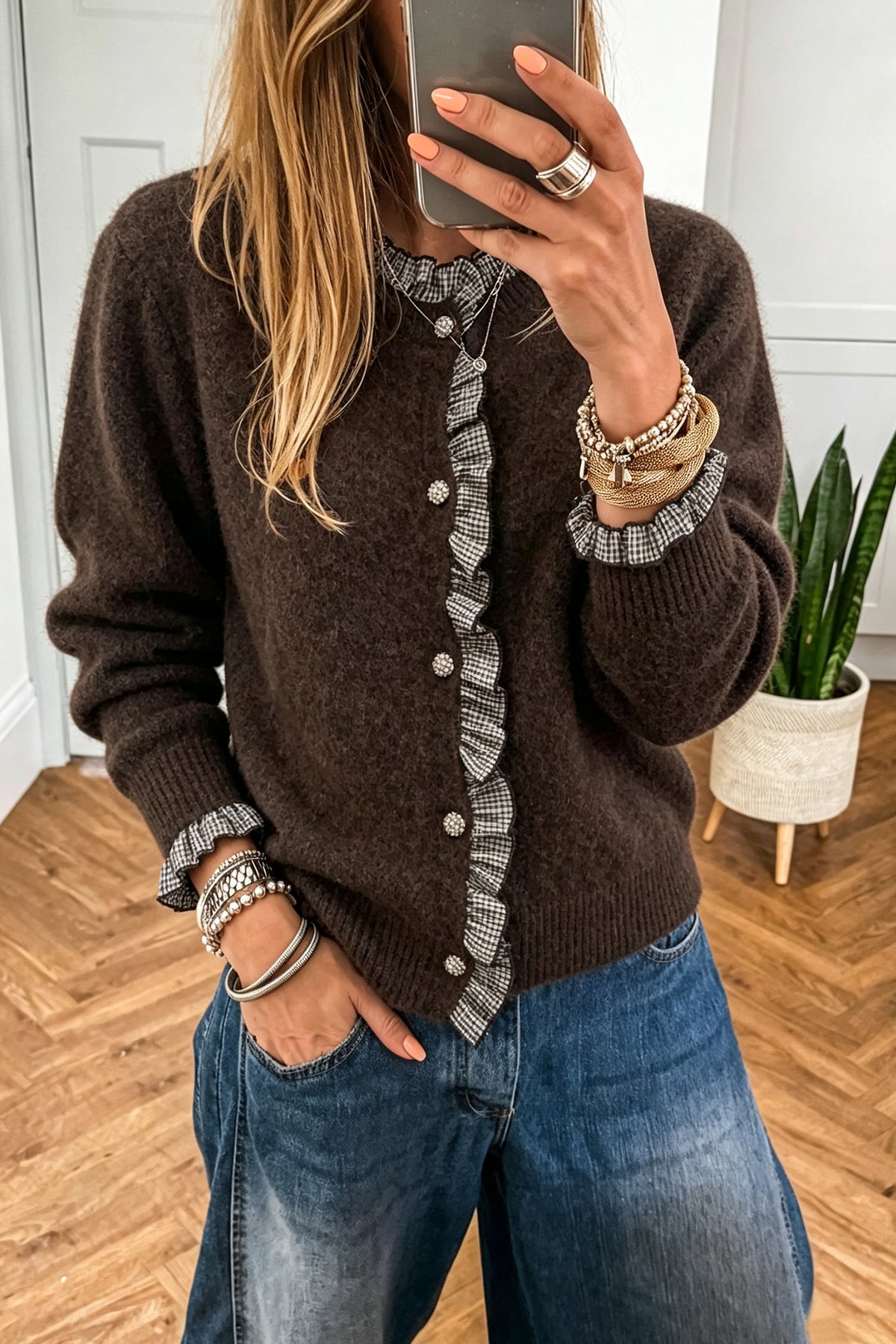 Chicory Coffee Plaid Ruffle Trim Patchwork Button Sweater Cardigan