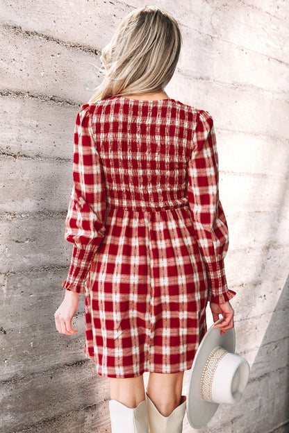 Red Plaid Print Smocked Puff Sleeve Mini Dress