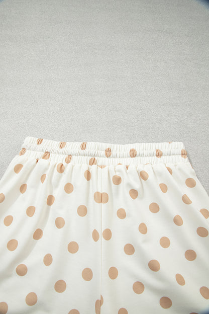 Khaki Polka Dot Drop Shoulder Polo Loose Pullover Patch Pocket Casual Shorts Set