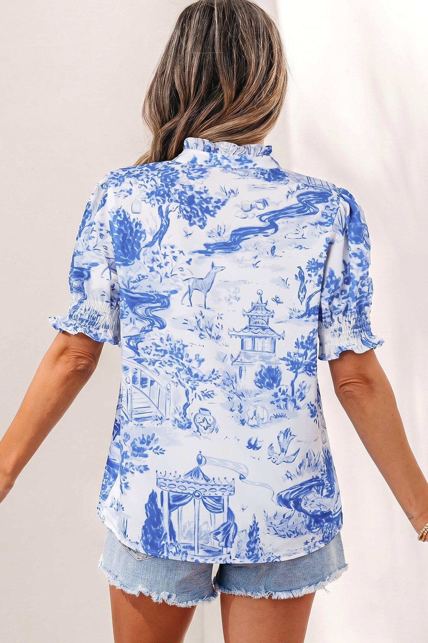 Blue Wild Animal Paradise Striped Detail V Neck Blouse