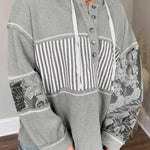 Gray Mixed Pattern Waffle Knit Patchwork Half Buttons Plus Hooded Top