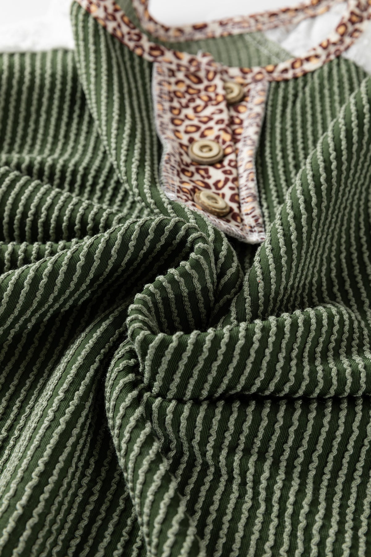 Vineyard Green Twisted Ribbed Leopard Lace Contrast Patchwork Long Sleeve Top