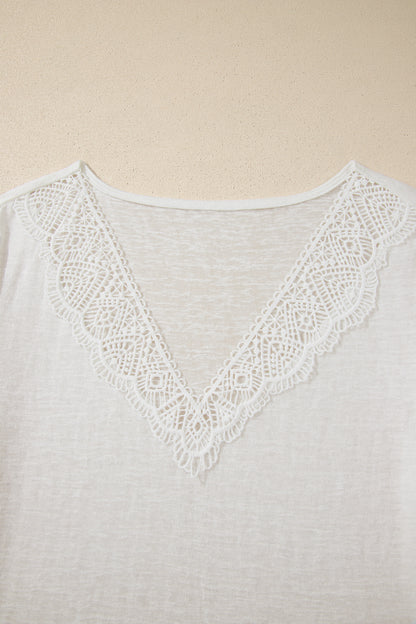 White Hollowed Lace Splicing V Neck T Shirt