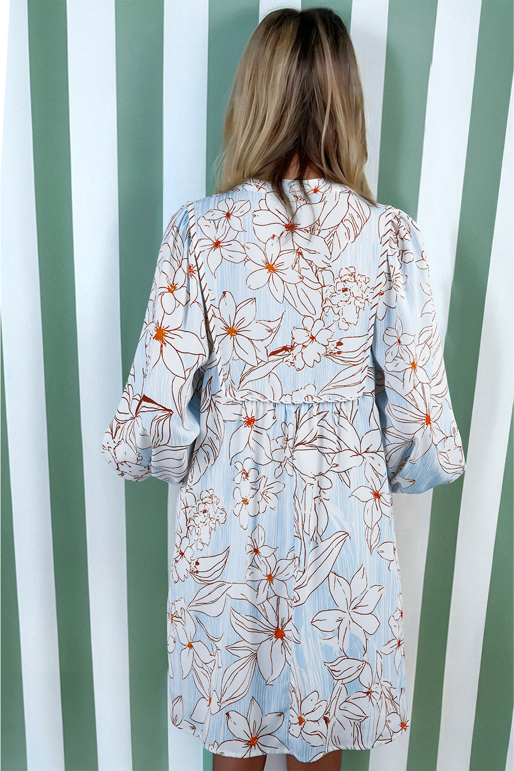 Brown Floral Print Tie Neck 3/4 Sleeve Mini Dress