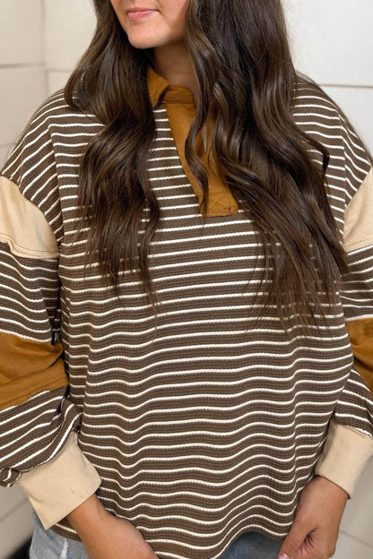 Brown Stripe Colorblock Detail Collar V Neck Plus Size Long Sleeve Top