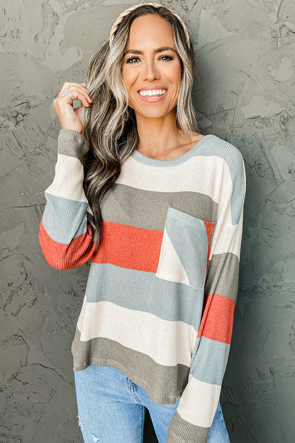 Color Block Ribbed Long Sleeve Top with Pocket
