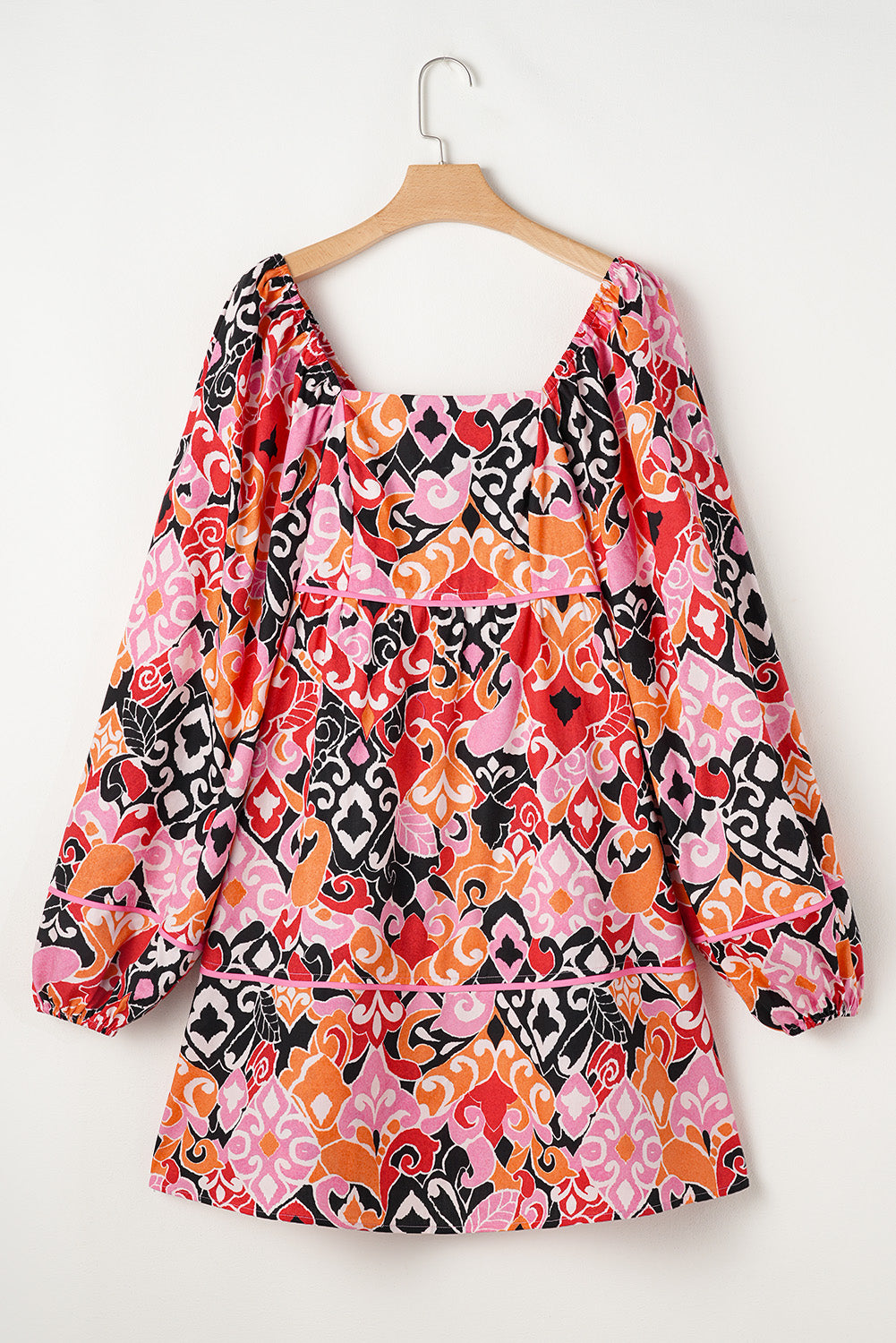 Pink Bohemian Square Neck Puff Sleeve Mini Dress
