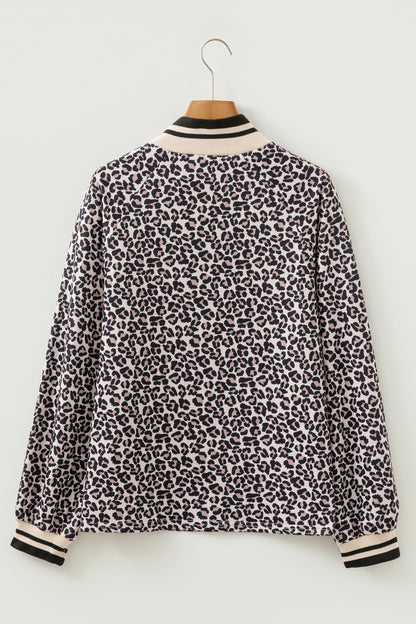 Khaki Leopard Print Half Zip up Blouse