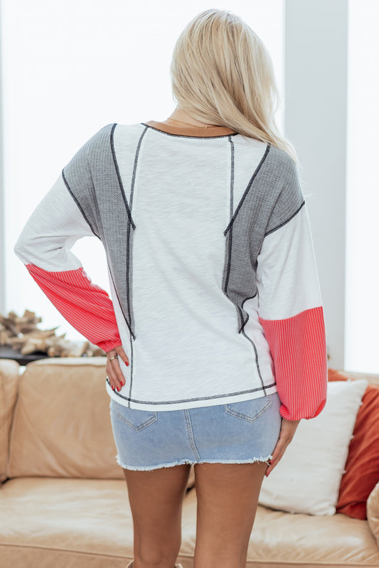 White Contrast Block Mixed Textured Knit Patchwork Casual Top