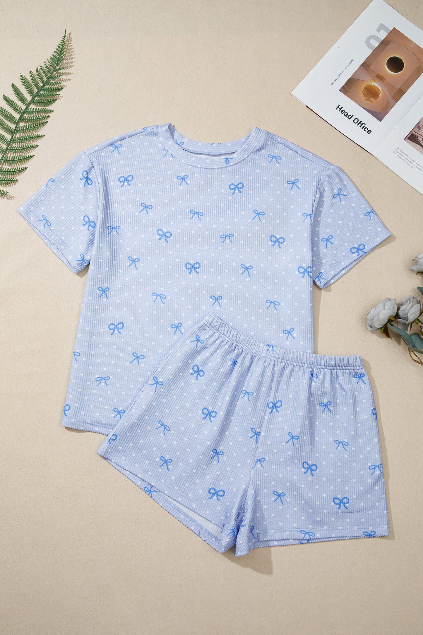 Sky Blue Tiny Heart Bow Print Twisted Rib Loose 2pcs Short Set