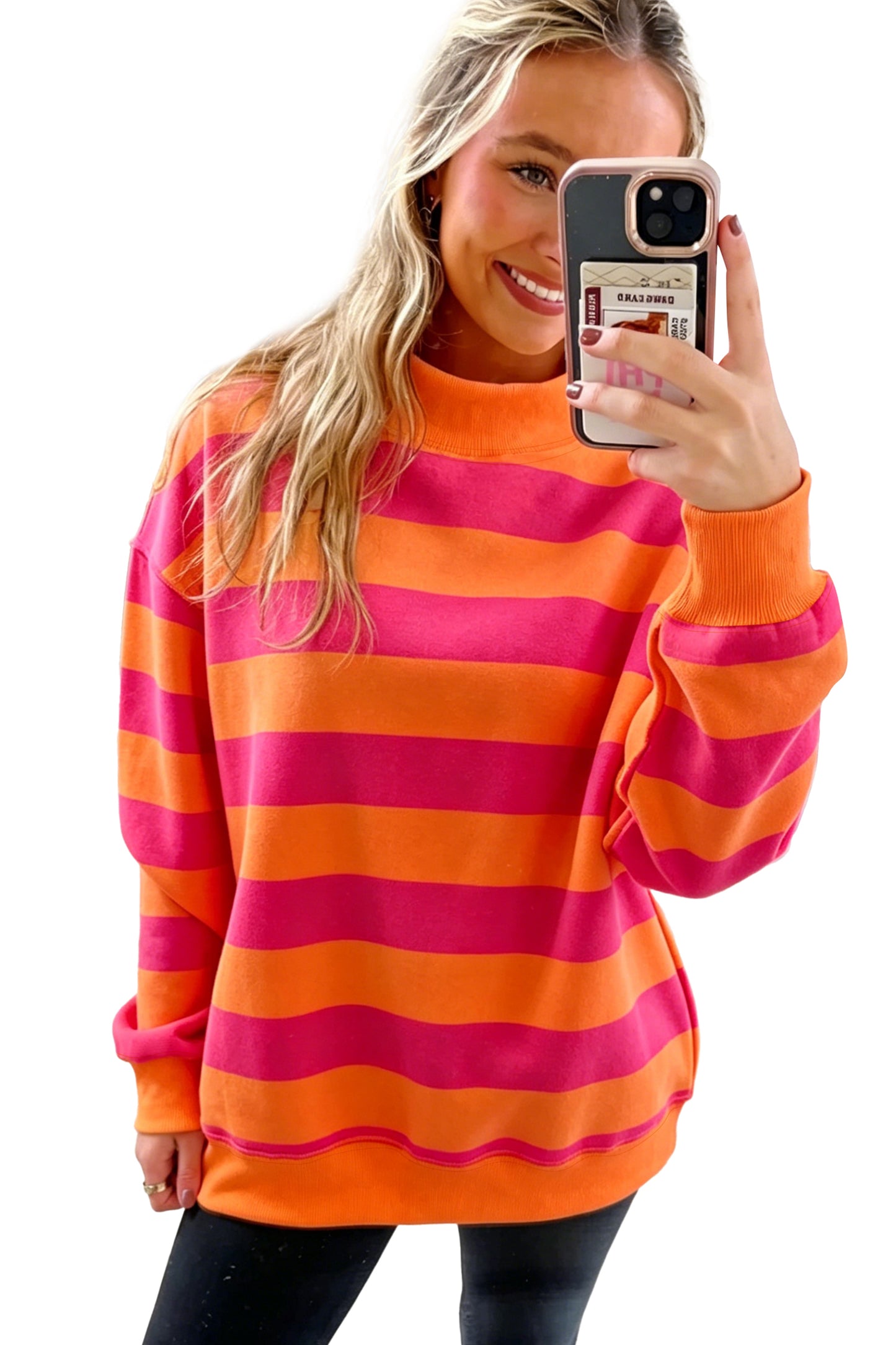 Orange Stripe Colorblock Mock Neck Relaxed Sweatshirt