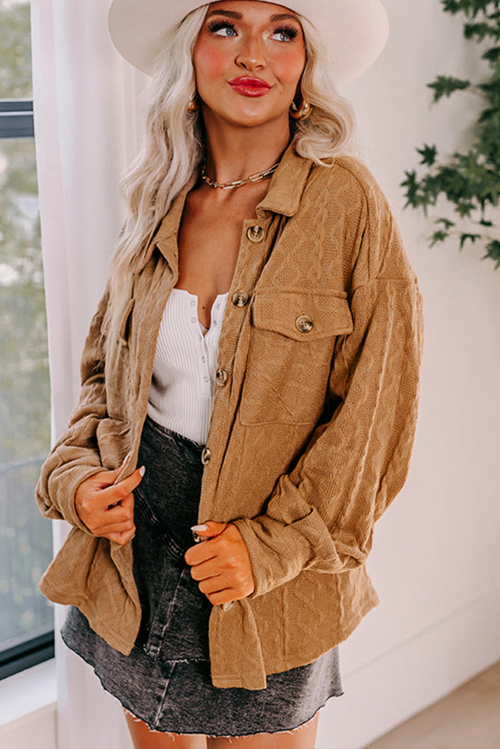 Veste-chemise à rabat en tricot torsadé camel 