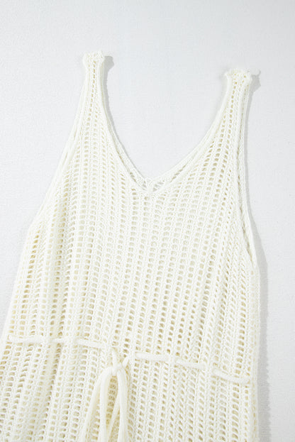 Cache-maillot de plage blanc en résille crochetée avec bords frangés et col en V