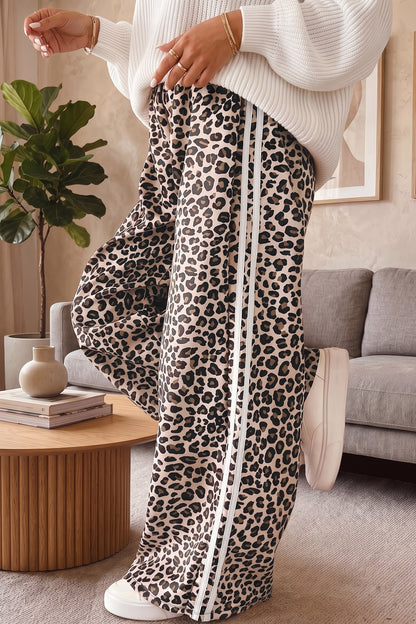Beige Plus Size Leopard Print Side Stripes Detail Casual Pants