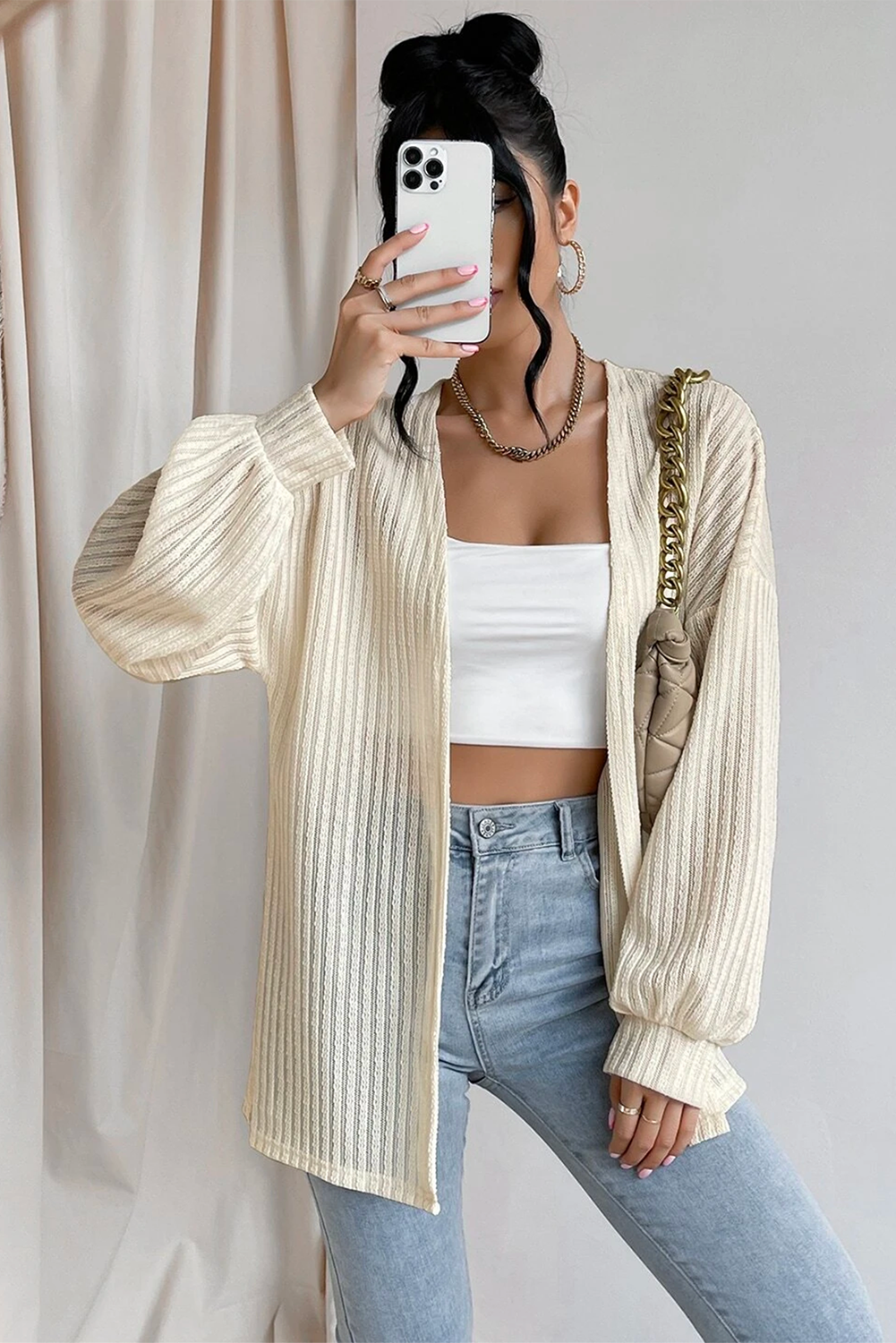 Kimono ouvert à manches lanternes texturées beiges