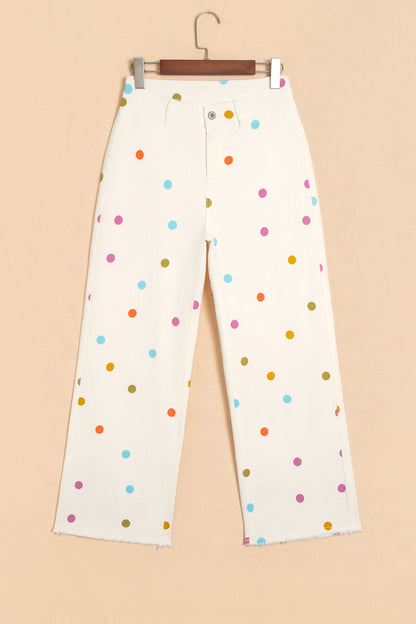White High Waist Polka Dot Straight Leg Casual Jeans