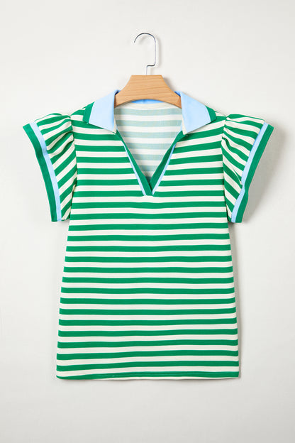 Green Stripe Contrast Trim Polo Collar Ruffled Short Sleeve Blouse