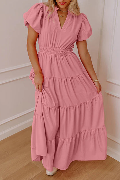 Bright Green Solid Color V Neck Short Puff Sleeve High Waist Tiered Maxi Dress