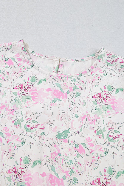 Chemisier babydoll rose à imprimé floral, manches ballon froncées, dos troué