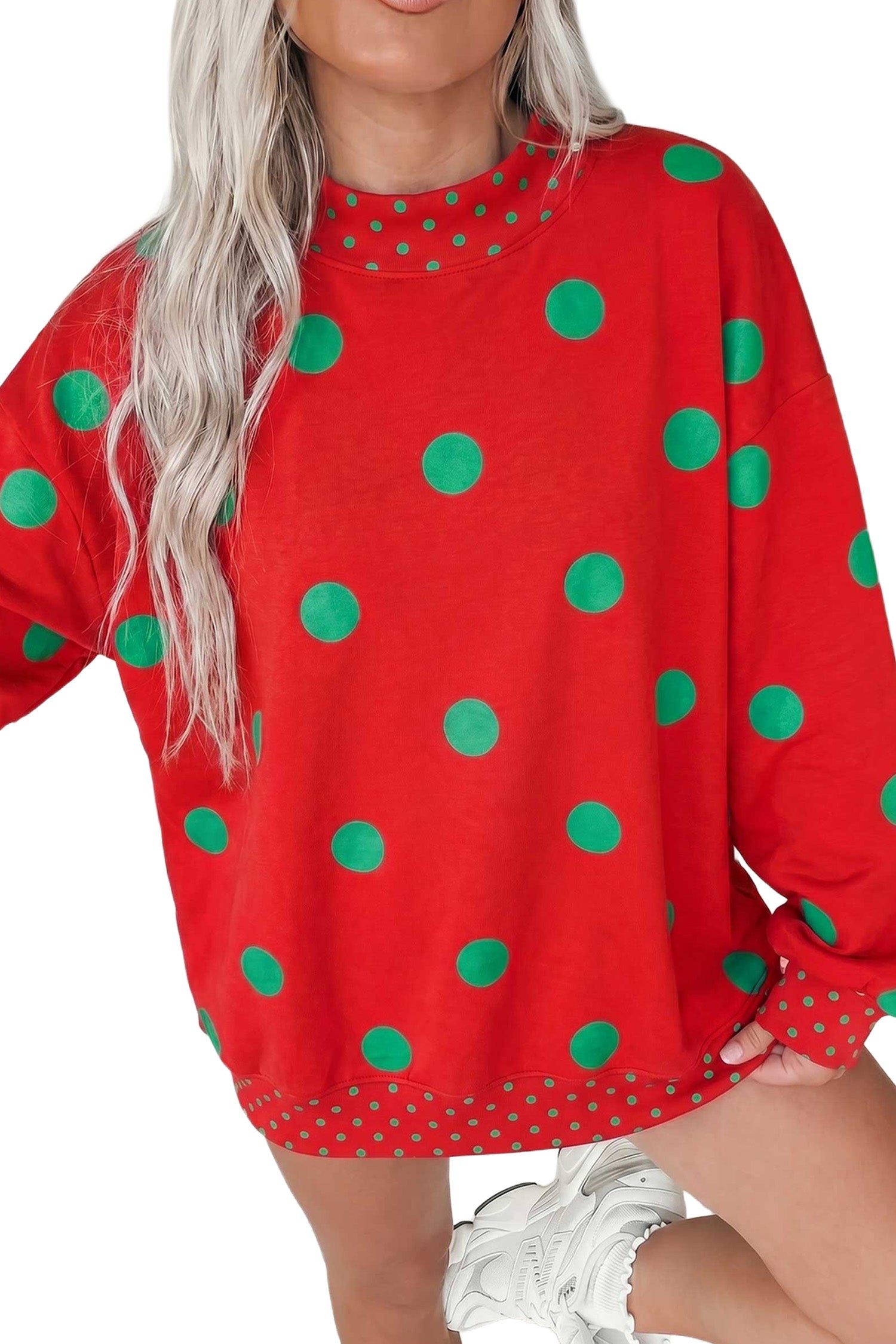 Red Polka Dot Print Contrast Detail Oversized Tunic Sweatshirt