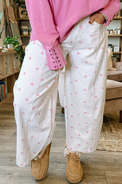 Pink Polka Dot Print Seam Detail Barrel Jeans