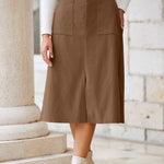 Coffee Front Slit Shift High Waist Midi Skirt