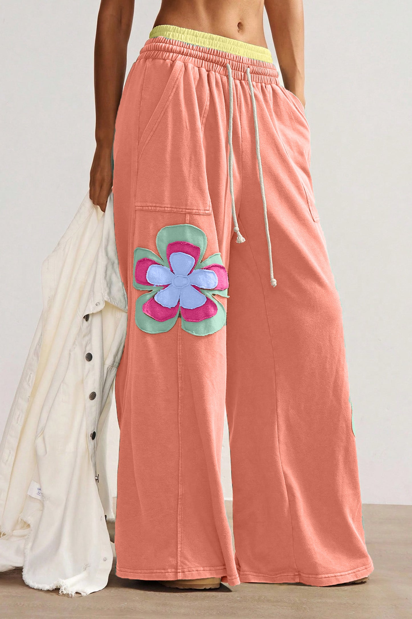 Grapefruit Orange Color Block Flower Patchwork Drawstring Contrasted Elastic Waist Wide Leg Pants
