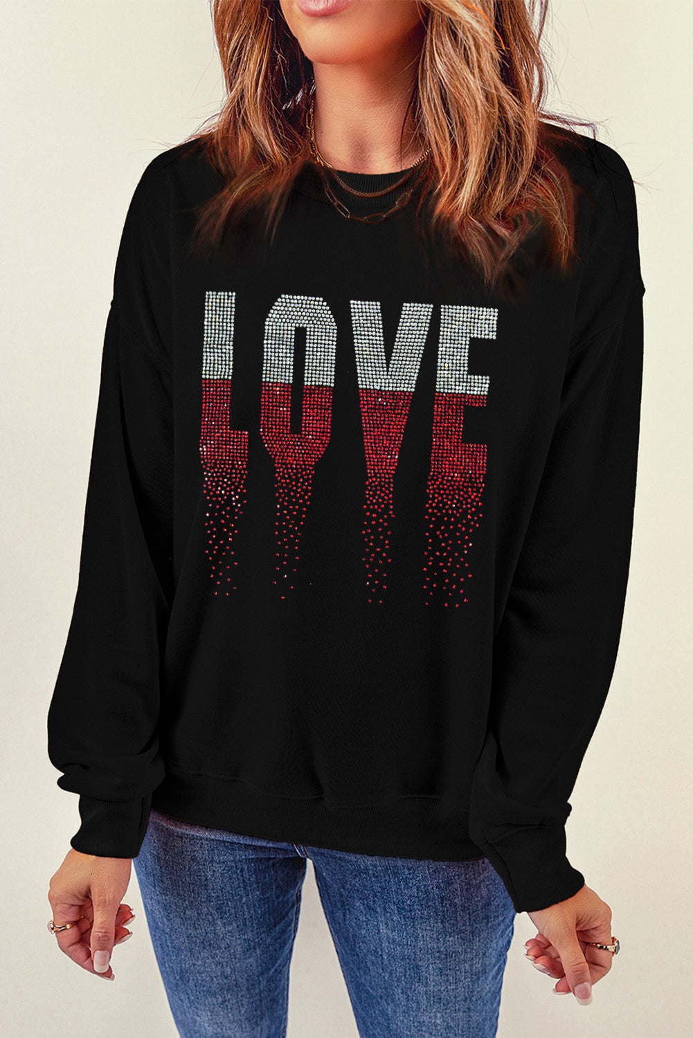 Sweat-shirt ras du cou noir à strass pour la Saint-Valentin