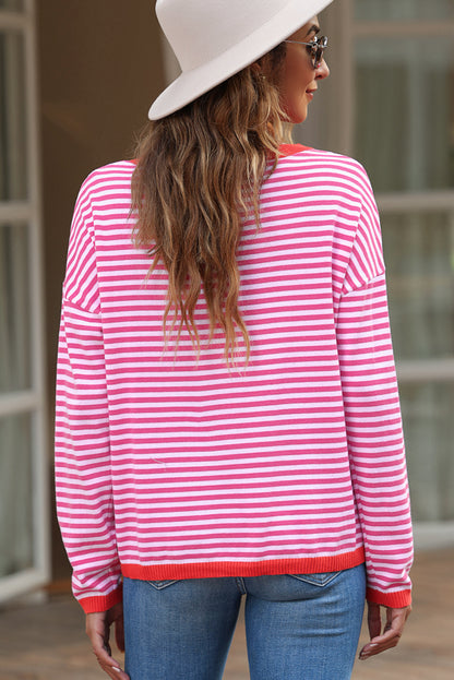 Pink Striped Contrast Trimmed Drop Shoulder Sweater