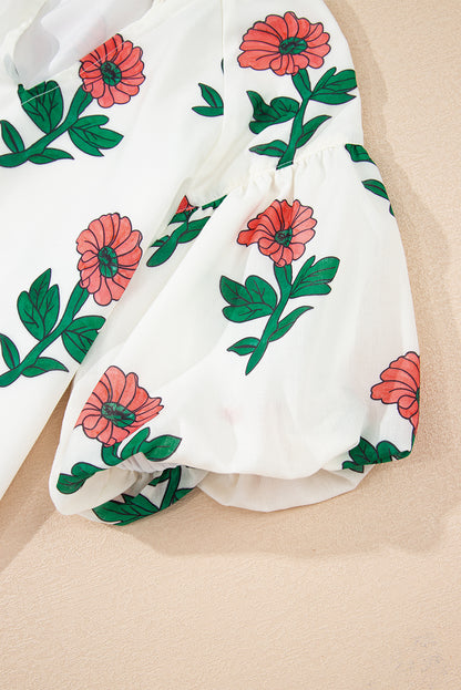 Beige Floral Print Shirred Split Neck Short Sleeve Blouse