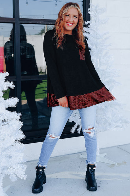 Top con dobladillo con volante y bolsillo de parche de lentejuelas