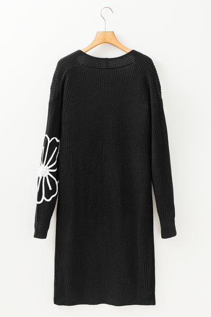 Cardigan ouvert sur le devant à épaules tombantes et broderies de fleurs noires